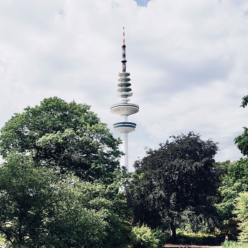 Blick aus dem Park Planten un Blomen auf den Hamburger Fernsehturm