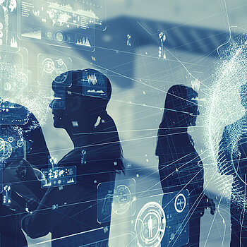 „Silhouetten von Menschen in einer futuristischen Umgebung mit holografischen und digitalen Elementen wie Diagrammen und Netzwerken – Symbol für moderne, vernetzte Kommunikation.“