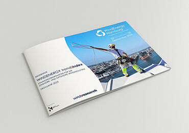 Titelseite der Broschüre „WindEnergy trend:index Spring 2025“ mit einem Windkrafttechniker über der Skyline von Hamburg und Hinweis auf die Messe WindEnergy Hamburg 2026.