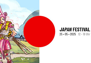 Illustration einer pink gekleideten Anime-Figur mit Schwertern vor Kirschblüten; rechts daneben Text zum Japan Festival am 25. Mai 2025.