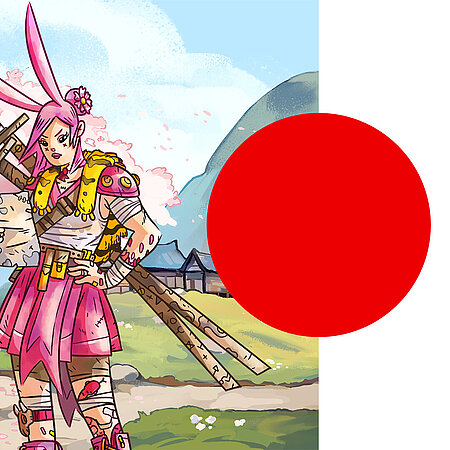 Illustration einer pink gekleideten Anime-Figur mit Schwertern vor Kirschblüten; rechts daneben Text zum Japan Festival am 25. Mai 2025.